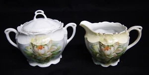 Antique Sugar & Creamer Set Water Lilly Hand Painted Pattern Bone China Numbered - Picture 1 of 14