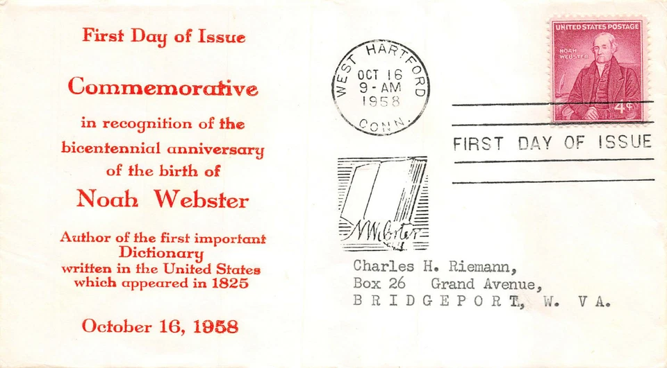 1121 4c Noah Webster, Riemann cachet in red [97362] - Image 1 of 1