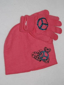 Girls WINTER 1 pr Gloves 1 Knit Hat PEACH Peace Sign HEARTS Animal Print - Picture 1 of 1