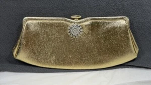 Vintage 60s Gold Handbag Purse Clutch Rhinestone Accent Evening Party Snap Close - Picture 1 of 12