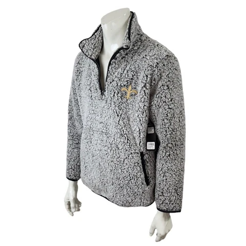 NFL New Orleans Saints Sherpa Jacket Sweater Mens Large Gray 1/4 Zip Pullover Cover