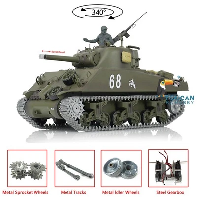 Henglong 1/16 7.0 Upgraded M4A3 Sherman RC Tank 3898 Barrel Recoil Metal Tracks - Image 1 of 4