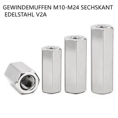 Gewindemuffen Sechskant Edelstahl V2A Langmuttern Verbindungsmutter M10-M24 - Bild 1 von 4