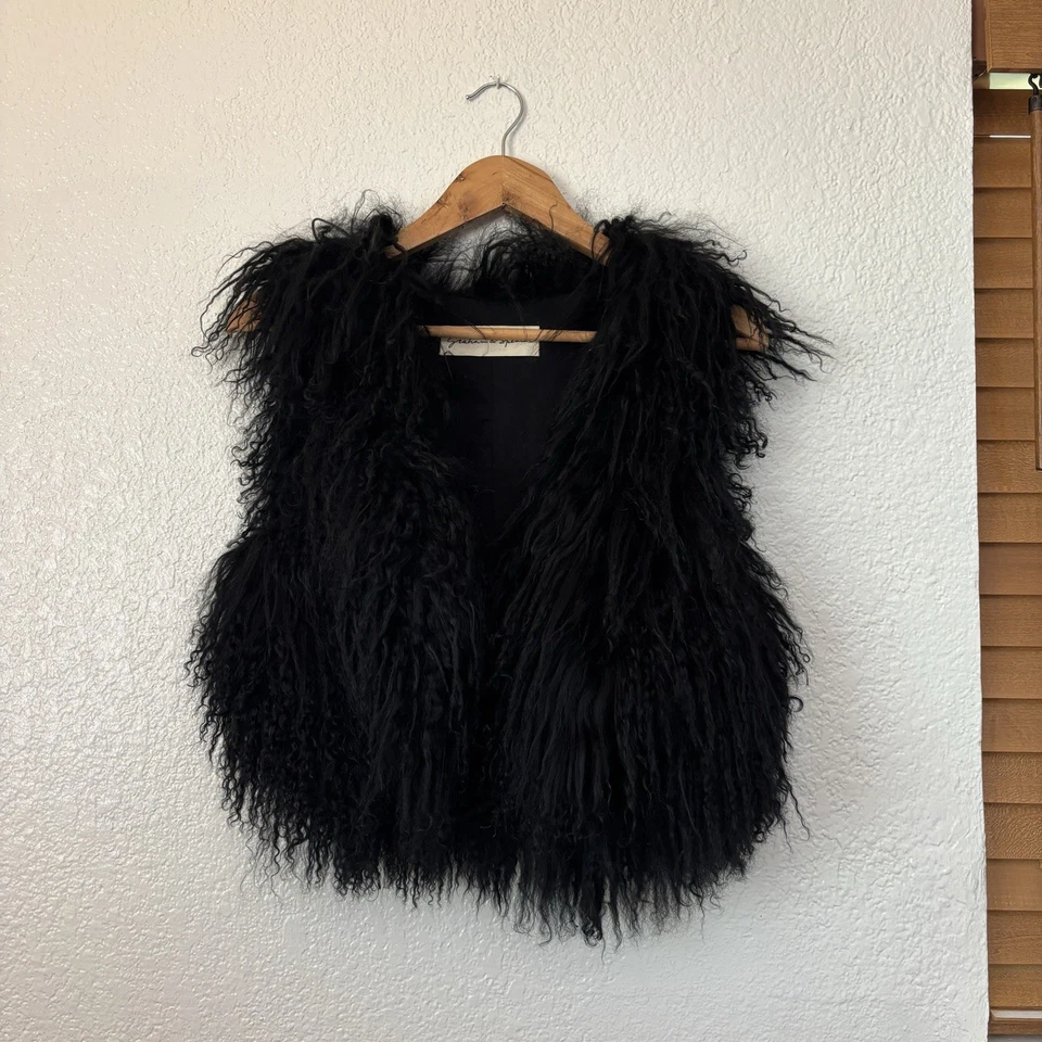 Black Mongolian Lamb Fur Mini Vest XS Gothic Fashion Elegant Coat - Image 1 of 4