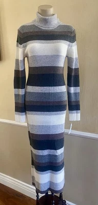 VESTIDO MIDI CHARTER CLUB M 100 % CACHEMIR CUELLO ALTO RAYAS BREZO HIELO NUEVO CON ETIQUETAS $249 Foto 1 de 4