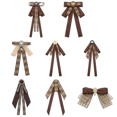 Retro Brown Plaids Bowtie Brooch Pin Uniform Ribbon Bowknot Jabot Collar Necktie - Image 1 of 4