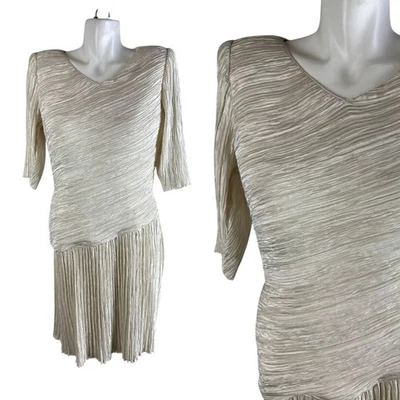 Vestido Mary Mcfadden De Colección Años 80 Talla 12 Crema Fortuny Pliegues Boda Mujer Formal Foto 1 de 4
