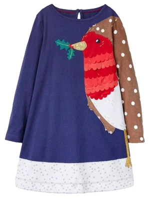 Excelente Vestido Jersey Talla 8-9 Mini Boden Apliques Festivos Azul Robin Puede Caber 7-8 Foto 1 de 4