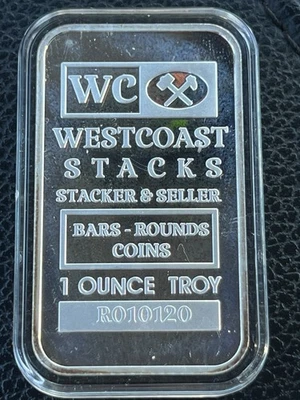 Barra de plata Johnson Matthey Tribute West Coast Stacks Ag Stacking 1 T-oz .999 Foto 1 de 2