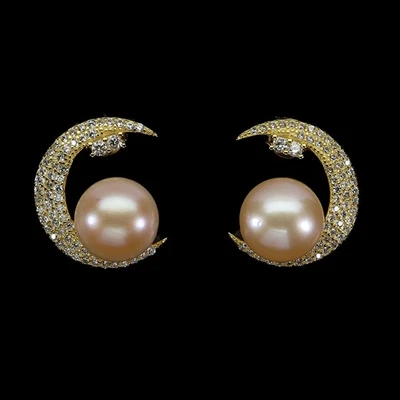 925 Sterling Silver Earrings Round Pearl 9mm Half Moon Natural Gemstone Jewelry - Image 1 of 4