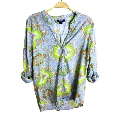 Camisa retro antigua azul marino colorida con estampado hippie con botones talla M 100 % algodón Foto 1 de 4