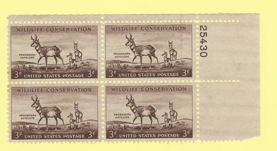 SCOTT  #1078  PLATE BLOCK   1956  3¢ WILDLIFE CONVERSATION   PRONGHORN ANTELOPE - Image 1 of 2