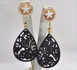 Pendientes de Oro Amarillo 18KT Con Camafeos Estrellas Y Gotas Cuerno Negro - Imagen 1 de 3