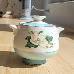 MCM Lifetime China Homer Laughlin Turquoise Magnolia Sugar Bowl with Lid - Picture 1 of 5