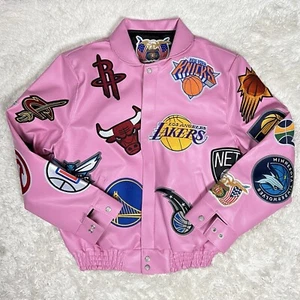 Jeff Hamilton NBA Logo Collage Vegan Pink Leather Jacket *defects Men’s Medium - Picture 1 of 15