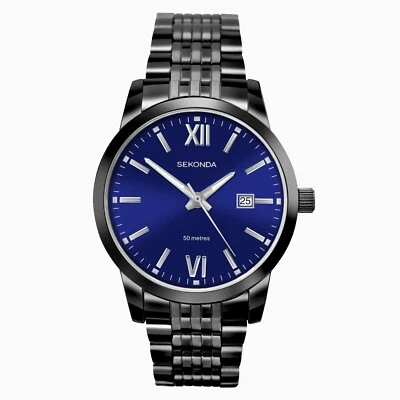 Da Uomo Sekonda Orologio Profondo Quadrante Blu Data Finestra Acciaio Inox Nero - Immagine 1 di 3