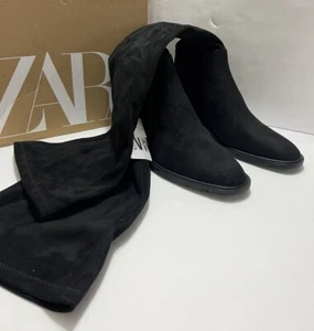 Zara Damen Gr. 9 Stiefel Schwarz Lang Overknee Mittelhoher Absatz Boots Neu - Bild 1 von 19