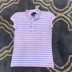 Ralph Lauren Girls Pullover Ruffle Polo Shirt Pink And Blue Striped Size 6X - Picture 1 of 11