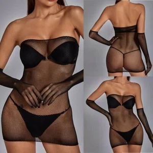 Sexy figurbetonte Damenkleid Netz Schlauchoberteil Party Club Nylon mit Handschuh - Bild 1 von 3