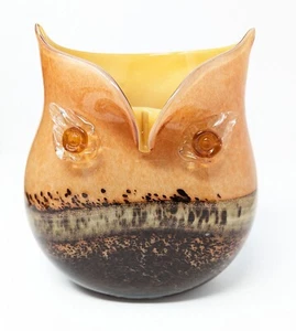 Hand blown Glass Murano Style Owl Vase Applied Eyes Orange brown Gold Mica folk - Picture 1 of 9