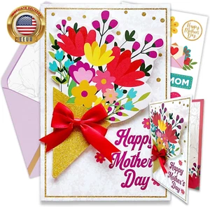 Glittery 5X8In Individual Mother'S Day Cards for Mom with Red Ribbon and Vibrant - Picture 1 of 6