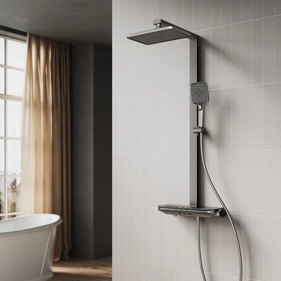 ELEGANT Square Thermostatic Shower Mixer Gunmetal Grey Electronic Disaplay Piano Keys