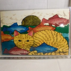 Tropische Kunststoff Tischsets 17 1/2" x 11 - Tiger Katze mit Fisch - Künstler signiert - EUC - Bild 1 von 4