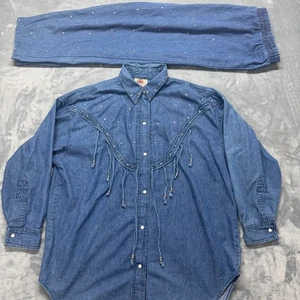Camisa vaquera vintage desgastada flecos chamarra festival vaquera rodeo conjunto L - Imagen 1 de 15