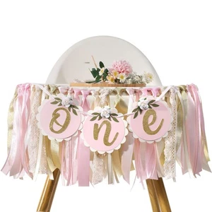 Pink Golden Floral High Chair Banner - Rose 1st Birthday Highchair Banner, Gi... - Picture 1 of 9