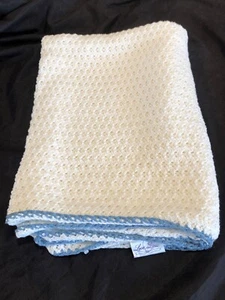Pure White Crocheted  Blue Edge Baby Blanket - Picture 1 of 5