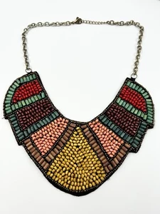 Handmade Wooden Beaded Bib Necklace Boho Statement Chunky Gold Tone READ - Picture 1 of 8