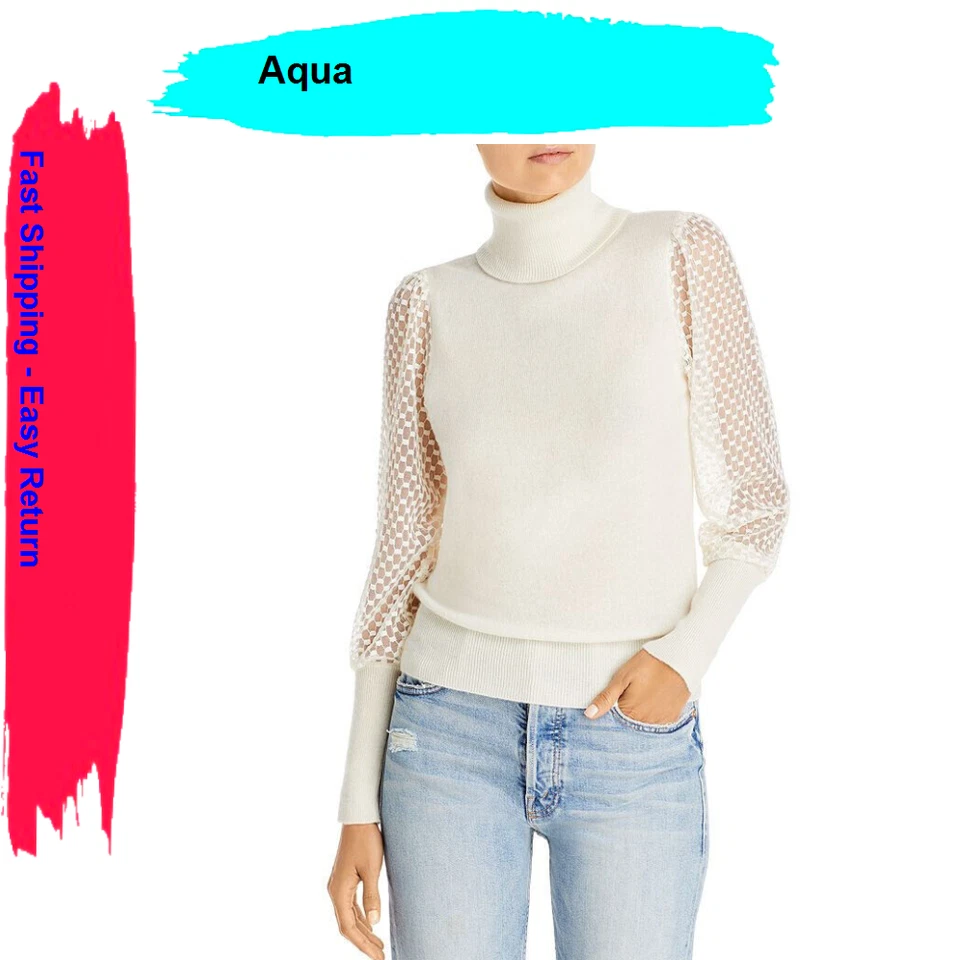 AQUA Mesh Puff Sleeve Cashmere Turtleneck - 100 In Ivory S