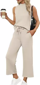 Two Piece Sets for Women Summer Outfits Lounge Sets Mock Neck Tops Wide Leg  - Picture 1 of 12