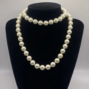 Modern Coastal Grandma Style Round Glass Faux Pearl Hand Knotted Necklace 22” - Picture 1 of 9