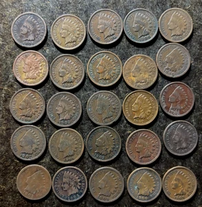 25 (1/2 roll) Indian Head Cents/Pennies 1C - Circulated - No Reserve - Picture 1 of 1