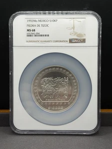 1992 M0 Mexico $10,000 Peso Piedra De Tizoc 5 oz. .999 Fine Silver - NGC MS 68 - Picture 1 of 2