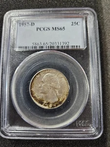 🌟 1957-D George Washington Silver Quarter U.S. BU Coin PCGS MS65 TONED - Bild 1 von 4