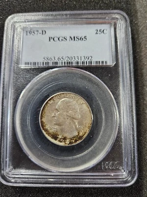 🌟 1957-D George Washington moeda de 25 centavos de prata EUA BU PCGS MS65 TONIFICADA - Imagem 1 de 4