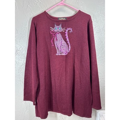 BOB MACKIE Wearable Art Cat Graphic Embroidered Scoop Neck Sweater Shimmer Large - Image 1 of 4