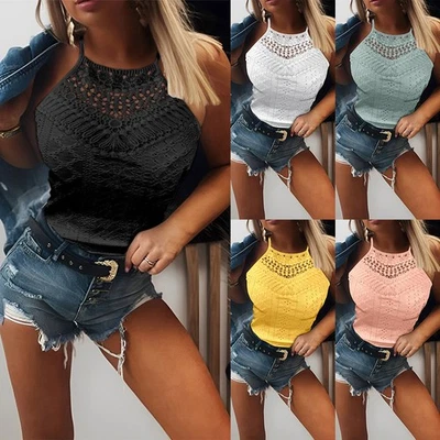Womens Sexy Hollow Out Tank Tops Ladies Summer Slim Fit Vest Cami T Shirt Blouse - Image 1 of 4