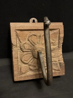 Antique Wooden Hand-Carved Floral Hanger Hook Wall Hanging - Image 1 of 4