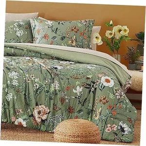 King Size Comforter Set, 7 PCS Green Floral Comforter Set with Flowers Leaves - Picture 1 of 7