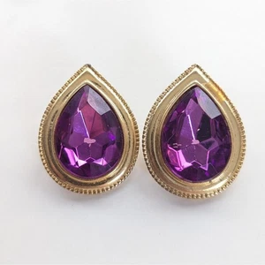 Vintage Stunning Gold Tone Foiled Purple Glass Large Teardrop Post Stud Earrings - Picture 1 of 3