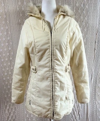 Vintage 70s Aspen Skiwear Ski Coat Puffer Fur Trim Hooded Jacket Cream Women’s M - Image 1 of 4