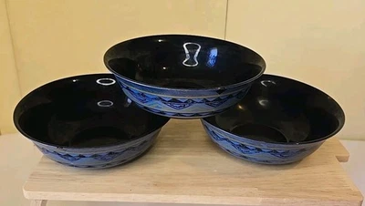 SET of 3 Yucatan Bowls Arcoroc France Black Glass with Blue & Gold  - Image 1 of 4