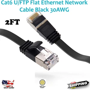 2FT CAT6 RJ45 Network LAN Ethernet U/FTP Shield Cable Flat Cord 30AWG Black - Bild 1 von 6