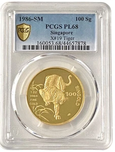 1986 Singapore Gold 100 Singold 1 oz Lunar Tiger 2,000 Minted PCGS PL 68 - Picture 1 of 4