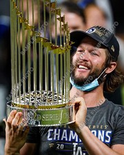 CLAYTON KERSHAW 2020 LOS ANGELES DODGERS WORLD SERIES CHAMPION TROPHY 8X10 PHOTO