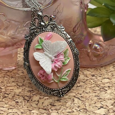 COLLAR COLGANTE CAMAFEO MARIPOSA PLATA 3D rosa estilo victoriano regalo de cumpleaños Foto 1 de 4
