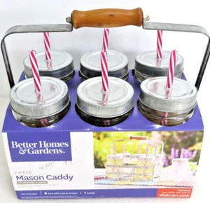 Better Homes and Gardens 6 Mason 16 oz jars Red Straws & Galvanized Caddy New - Picture 1 of 5